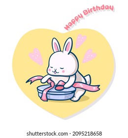 A greeting card with a cute rabbit opening a birthday gift. Vector illustration
