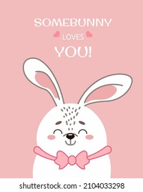 A greeting card with a cute rabbit for Valentine's Day. Romantic rabbit on a pink background with an inscription. Somebunny loves you. Vector illustration in cartoon style