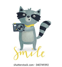 Greeting card with cute raccoon and a camera. Smile!