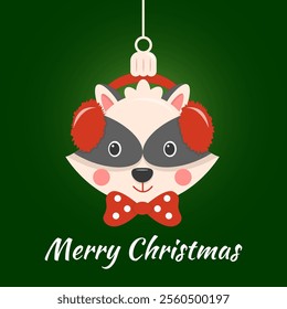 Greeting card with Cute Racoon ball ornament with red fluffy headphones and bow tie on a green background featuring "Merry Christmas" text