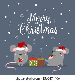 Greeting card with cute rats, symbol of 2020 year. Chinese New Year. Lettering Merry Christmas. Vector illustration.