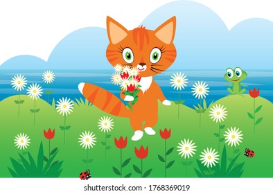 greeting card with a cute red cheerful cat, white and red flowers and a funny frog