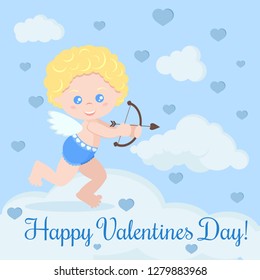 Greeting card with cute romantic cupid with bow and arrow with clouds and hearts on blue heaven background. Happy Valentines Day. Vector illusttation in cartoon flat style.
