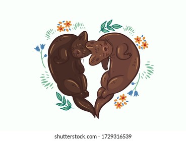 Greeting card with cute sables. Heart shape. Vector graphics