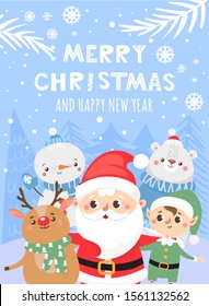 Greeting card with cute Santa Claus, Elf, Reindeer, Bear and Snowman. Merry Christmas and Happy New Year.  Vector illustration