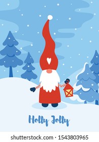 Greeting card with cute Scandinavian gnome, Christmas tree and greeting text Holly Jolly. Tomte gnome illustration. Happy New Year vector poster.