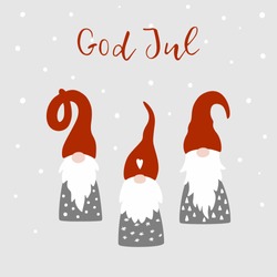 Greeting Card With Cute Scandinavian Gnomes, Snowflakes And Swedish Text God Jul , In English Merry Christmas. Tomte Gnome Illustration. Happy New Year Vector Design Template.