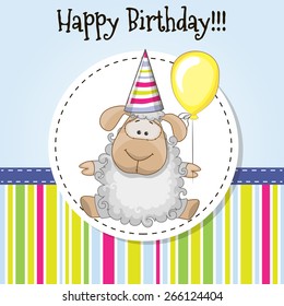 Greeting card Cute Sheep with balloon and bonnet 
