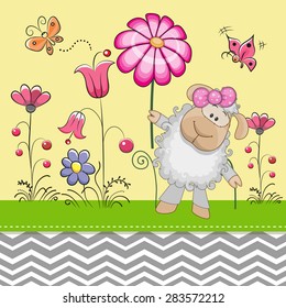 Greeting card Cute Sheep with a flower on a meadow
