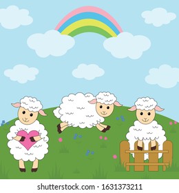 
Greeting card cute sheep vector illustration landscape flowers clouds