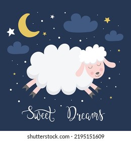 Greeting card with cute sleeping baby sheep or lamb, clouds, stars and the moon. Vector illustration for baby shower cards, invitations, posters or decorations.