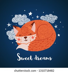 Greeting card with cute sleeping fox in hand drawn style. Sweet dreams. Design element for poster, banner, t-shirt and other. Vector illustration.