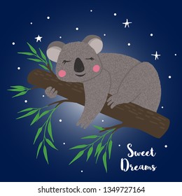 Greeting card with cute sleeping on tree koalal in hand drawn style. Cartoon animal. Design element for poster, banner, t-shirt and other. Vector illustration.