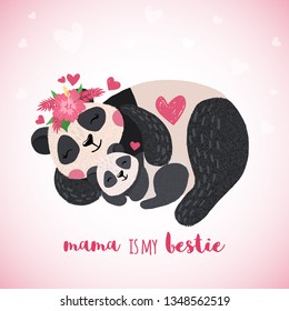 Greeting card with cute sleeping panda with baby in hand drawn style. Baby and mother together. Nursery concept. Vector illustration.