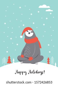 Greeting card. Cute sloth in red hat