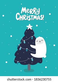 Greeting card with cute sloth, snowflakes and lettering. Hand drawn Christmas vector