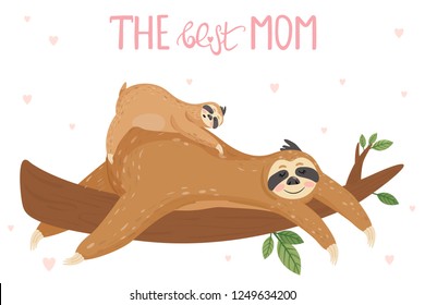 Greeting card with cute sloths. Mother sloth and baby sleeping on branch. Happy Mother's Day cards. Vector illustration.