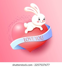 La tarjeta de saludo con un lindo conejo sonriente se sienta en un corazón rojo con una cinta azul y las letras te aman. Plantilla para felicitar a San Valentín, cumpleaños, día de la madre.