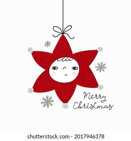 Greeting card with cute smiling red star and snowflakes. Christmas tree decoration. Decorative lettering "Merry Christmas". Cartoon hand-drawn card for winter holidays. Vector flat illustration.