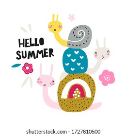 Greeting card with cute snails. Summer picture in a children's style.