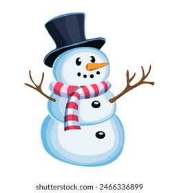 Greeting card with cute snowman A festive character in the winter season. Christmas, New Year's Eve. Winter, snow. Vector. Greeting card.