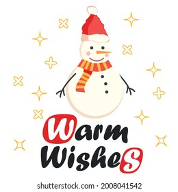 Greeting card with cute Snowman. Card for winter holidays. Christmas and Happy New Year illustration. Trendy design template.