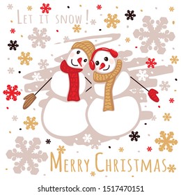 Greeting card with cute snowmen.Illustration of two cute snowmen in love holding hands and inscription Merry Christmas, Let it snow