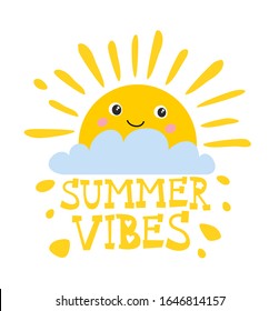 Greeting card with cute sun and hand drawn text: Summer Vibes