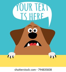 Greeting card with cute surprised cartoon dog and speech ballon for your text. Vector illustration