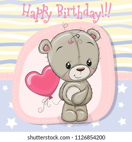 Greeting card Cute Teddy bear girl with balloon