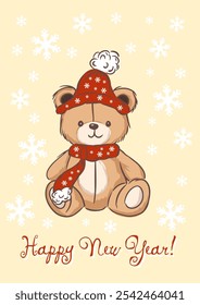 Greeting card cute teddy bear wearing a festive hat and scarf celebrates the New Year with joy and snowflakes