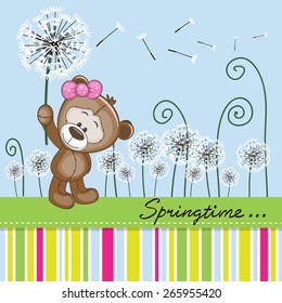 Greeting card Cute Teddy Bear with dandelion on a meadow 
