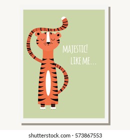 Greeting card with cute tiger and text message, vector illustration