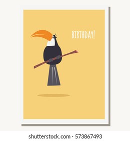 Greeting card with cute toucan parrot and text message, vector illustration