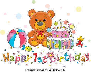 Greeting card with a cute toy bear, a colorful striped ball and a fancy birthday cake with sweet candies a burning candle, vector cartoon illustration on a white background