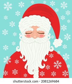 Greeting card with cute traditional character Santa Claus on a background with snowflakes.  Happy New Year and Merry Christmas. Christmas winter holiday design element. For printing holiday cards.