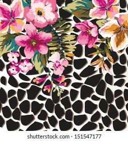 greeting card with cute tropical flower mix animal print