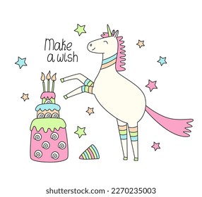 Greeting card with a cute unicorn and a cake with candles. Hand drawn colorful vector illustration and make a wish lettering. Fairy animal. Doodle style.