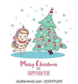 Greeting card with cute Unicorn and Christmas tree with snowflakes for holiday design isolated on white background. Vector illustration.
