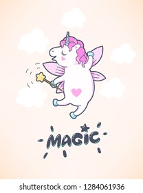 Greeting card with cute unicorn with fairy wings