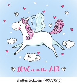 Greeting card with Cute Unicorn falling in love. Valentine's day postcard. Love is in the air. Vector illustration.