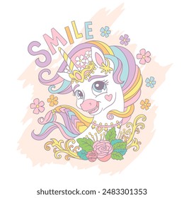 Tarjeta de felicitación. Lindo unicornio con flores. Sonrisa de letras. Ilustración vectorial en colores pastel de moda. Caricatura. Concepto de cumpleaños. Para impresión, tarjetas, camiseta, pegatinas, diseño de ropa