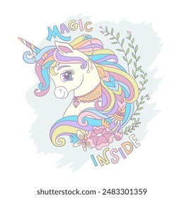 Tarjeta de felicitación. Lindo unicornio con flores. Leyendo Magia Adentro. Ilustración vectorial en colores pastel de moda. Caricatura. Concepto de cumpleaños. Para impresión, tarjetas, camiseta, pegatinas, diseño de ropa