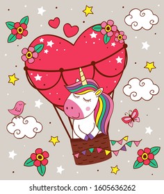 greeting card with cute unicorn is flying in a balloon- vector illustration, eps    
