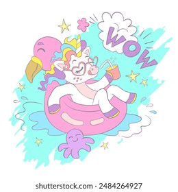 Greeting card with cute unicorn in an inflatable circle flamingo in water and lettering Wow. Vector illustration in pastel colors. Birthday concept. For print, cards, t shirt, stickers, clothes design