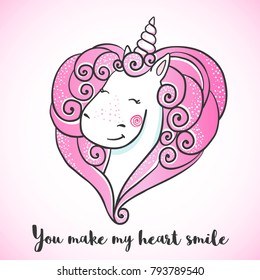 Greeting card with Cute Unicorn with mane in the shape of a heart . Valentine's day postcard. Love concept. Vector illustration.