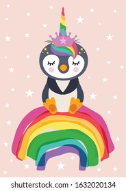 Greeting card with cute unicorn penguin sitting on rainbow