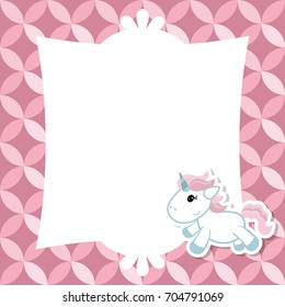 Greeting card with cute unicorn. Vector background.