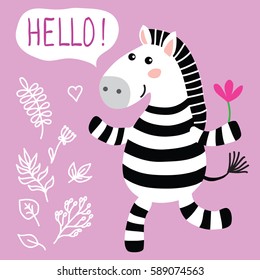 Greeting card with cute vector illustration cartoon zebra