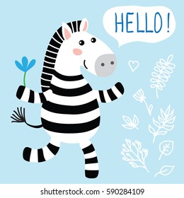 Greeting card with cute vector illustration cartoon zebra